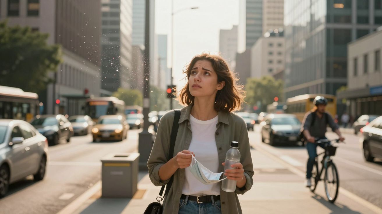 Mulher jovem segura máscara facial e garrafa de água numa rua movimentada de cidade com prédios altos.