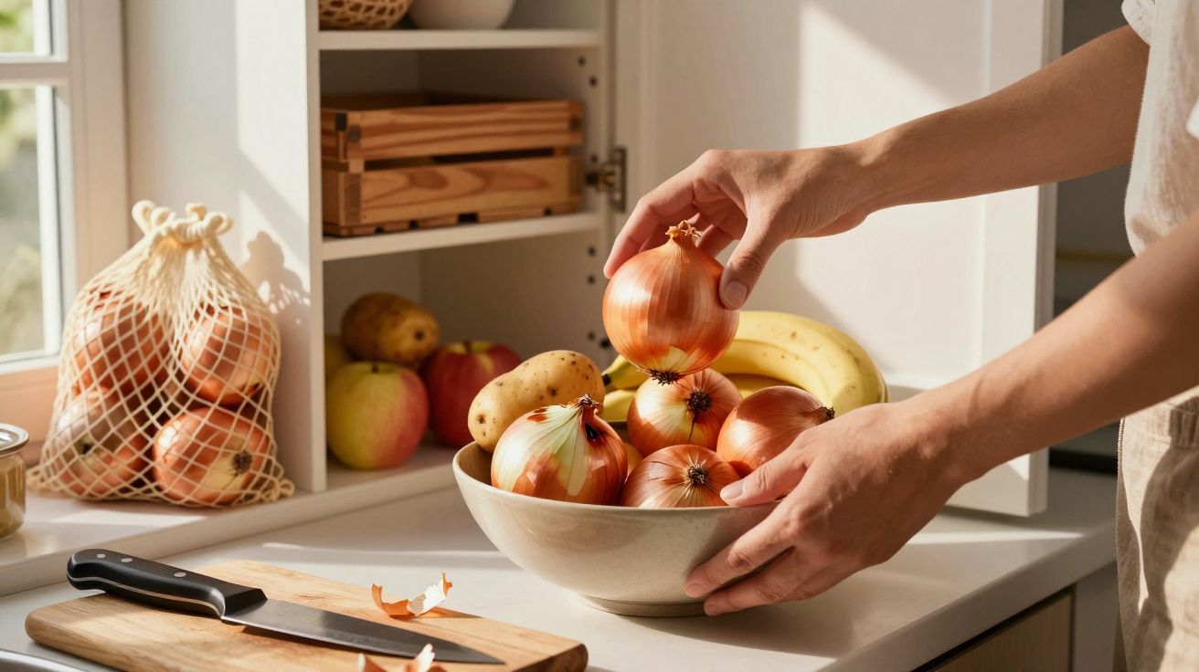 Mãos a colocar cebolas numa tigela na cozinha, com frutas e legumes ao fundo.