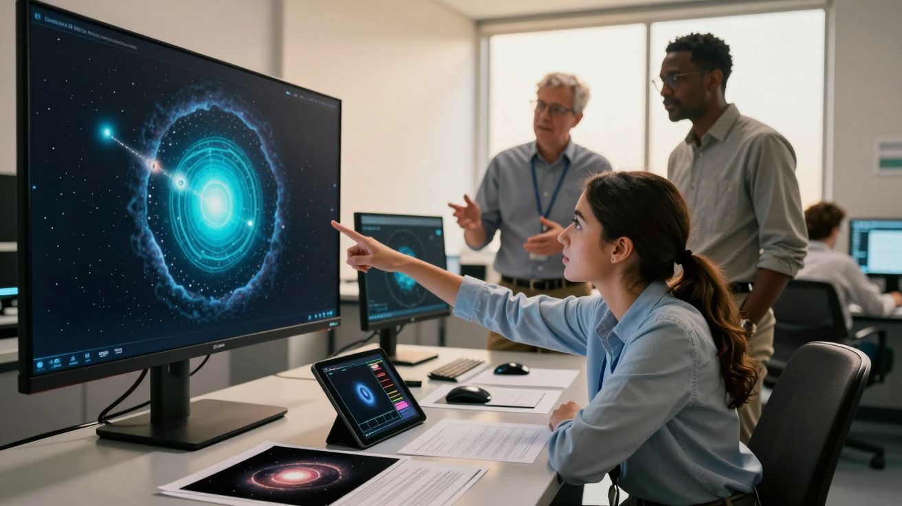 Três cientistas analisam imagens digitais de um buraco negro em ecrãs de computador num laboratório moderno.