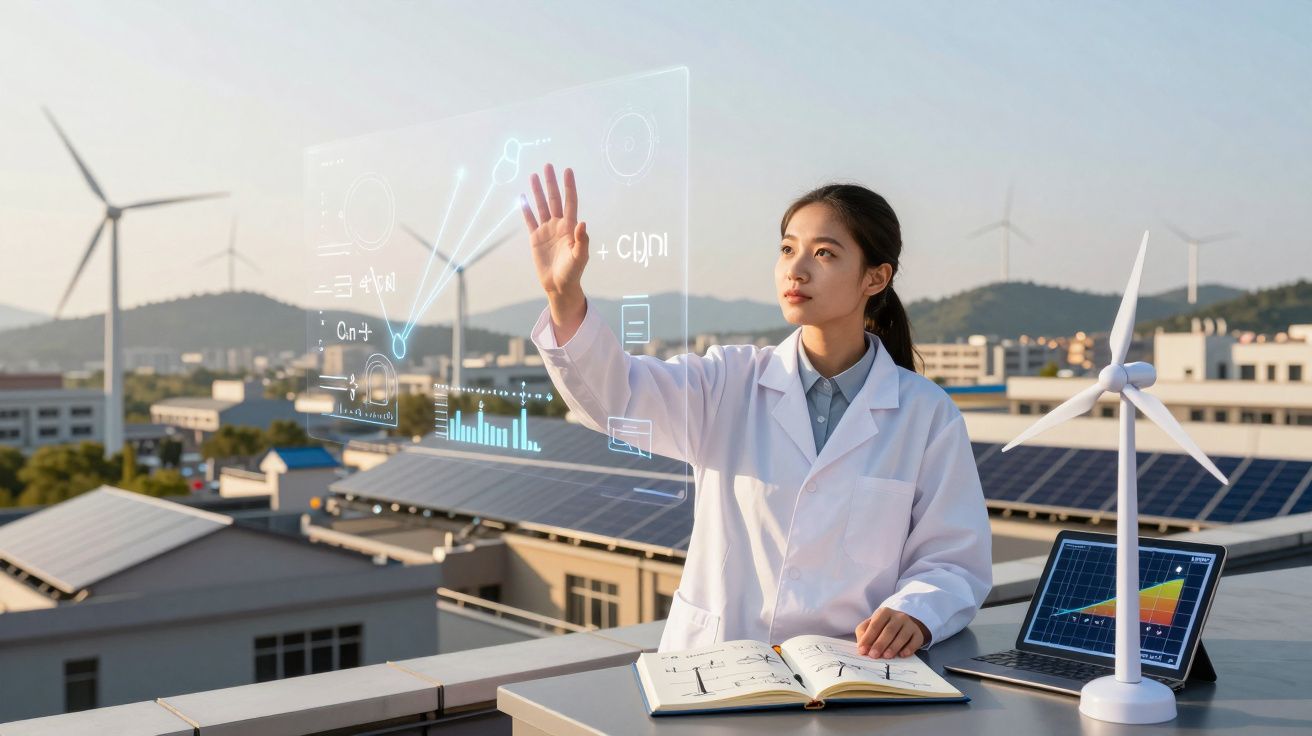 Jovem cientista numa instalação solar com turbinas eólicas interage com gráficos virtuais ao ar livre.