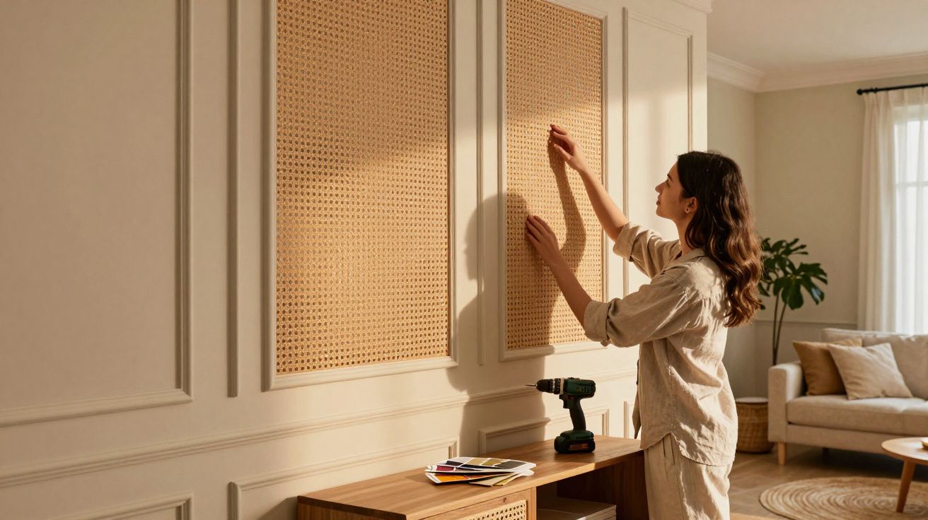 Mulher a decorar parede com painéis de rattan numa sala de estar luminosa e acolhedora.