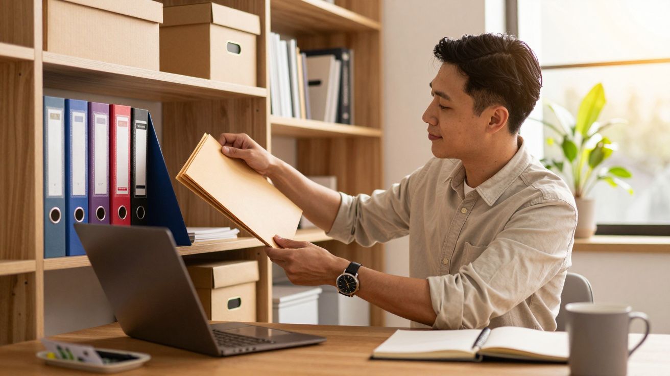 Homem a organizar documentos em pastel num escritório com estantes e computador portátil.