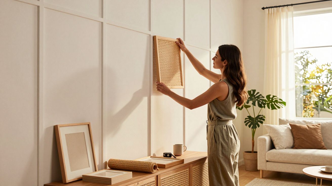 Mulher pendura quadro numa parede branca numa sala com decoração moderna e luz natural.