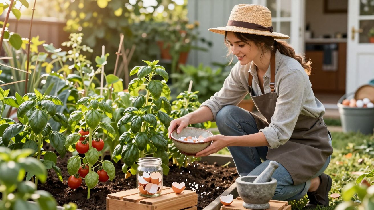Mulher a adubar plantas com cascas de ovo num jardim com tomates e manjericão.
