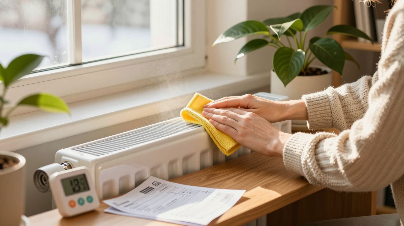 Pessoa a limpar o radiador com um pano amarelo numa divisão com janelas e plantas.