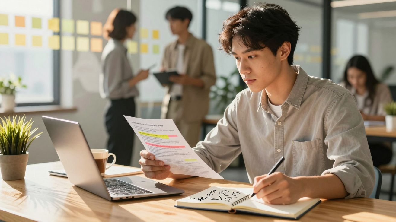 Jovem a trabalhar com laptop e apontamentos enquanto lê documento destacado, num escritório moderno com outras pessoas.