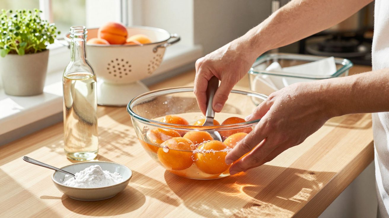 Mãos a cortar damascos numa taça de vidro com ingredientes de cozinha numa bancada iluminada pelo sol.