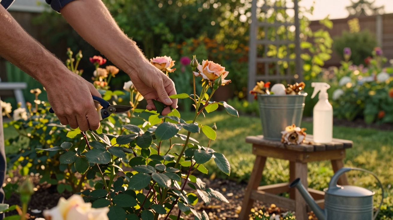Pessoa a podar rosas cor-de-rosa num jardim ensolarado com regador e spray numa cadeira ao fundo.