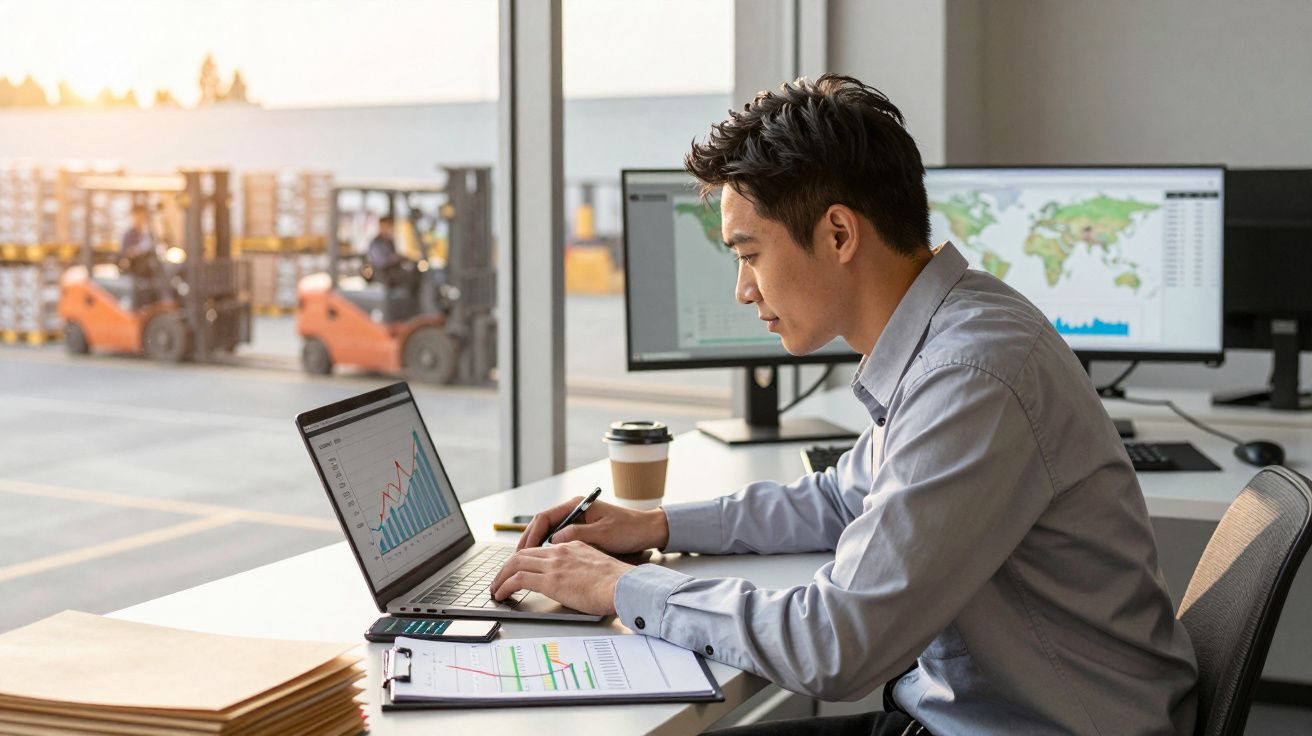 Homem sentado a trabalhar em computador portátil, analisando gráficos num escritório com janelas grandes.