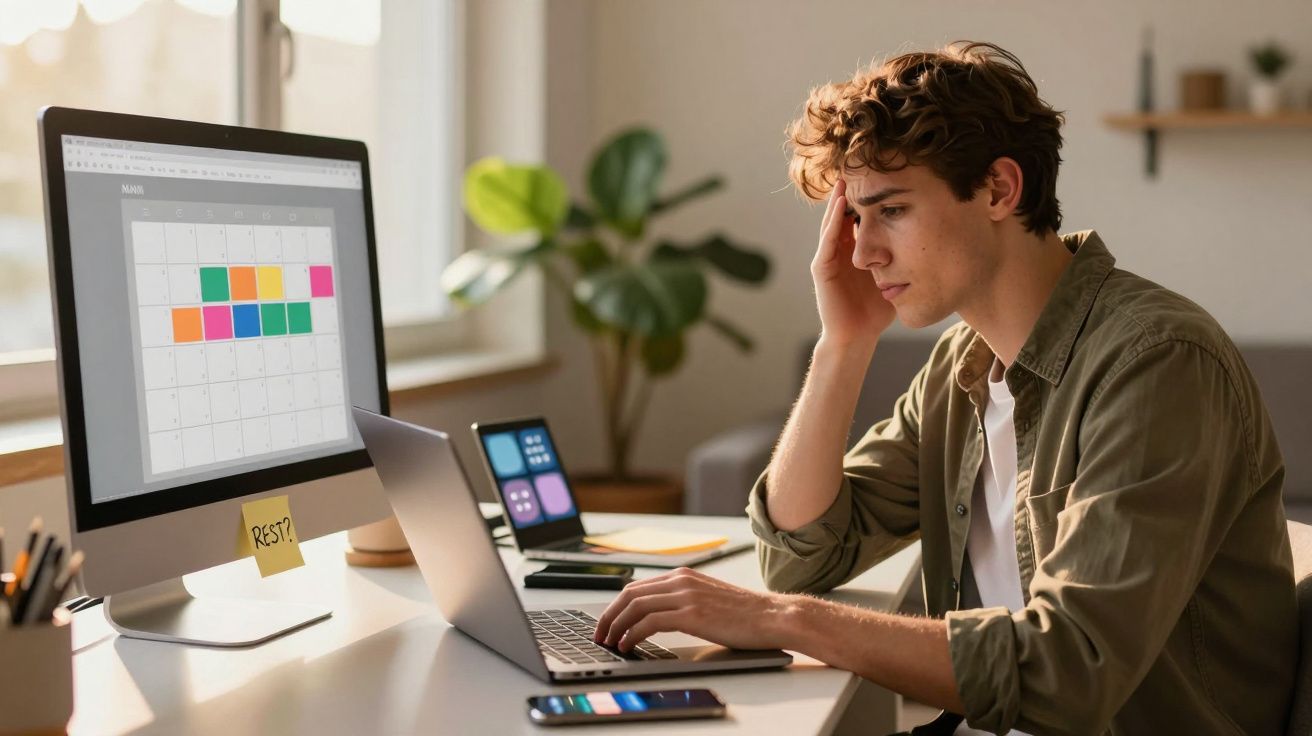 Jovem concentrado a trabalhar no computador com calendário colorido no monitor num ambiente luminoso e organizado.
