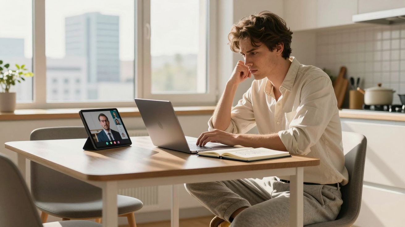 Homem jovem a trabalhar em laptop com videochamada em tablet num ambiente moderno e luminoso.