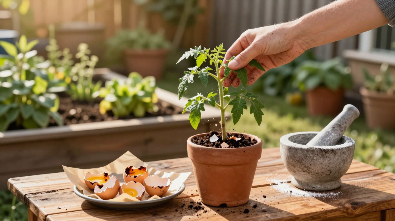 Mão a cuidar de planta num vaso com cascas de ovos e almofariz numa mesa de madeira no jardim.