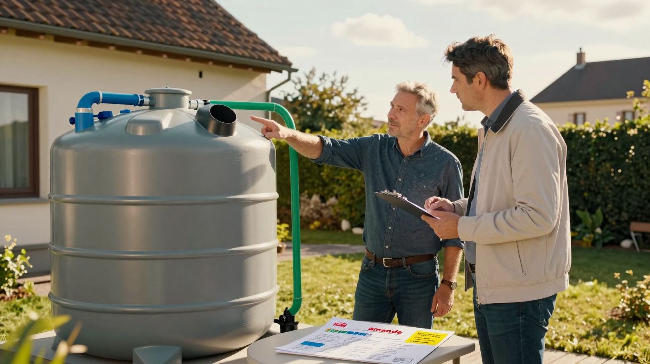 Dois homens discutem junto a um reservatório de água cinzento no jardim de uma casa.
