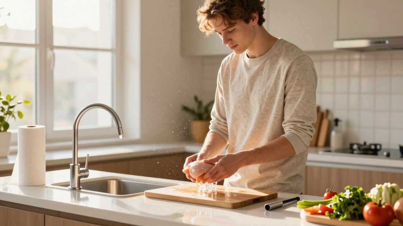 Homem a lavar cebola numa tábua de cozinha luminosa com vegetais frescos ao lado e torneira moderna ao fundo.