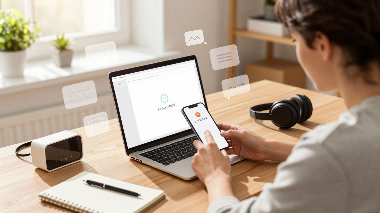 Pessoa a usar telemóvel e computador portátil num ambiente de trabalho com auscultadores e caderno na mesa.