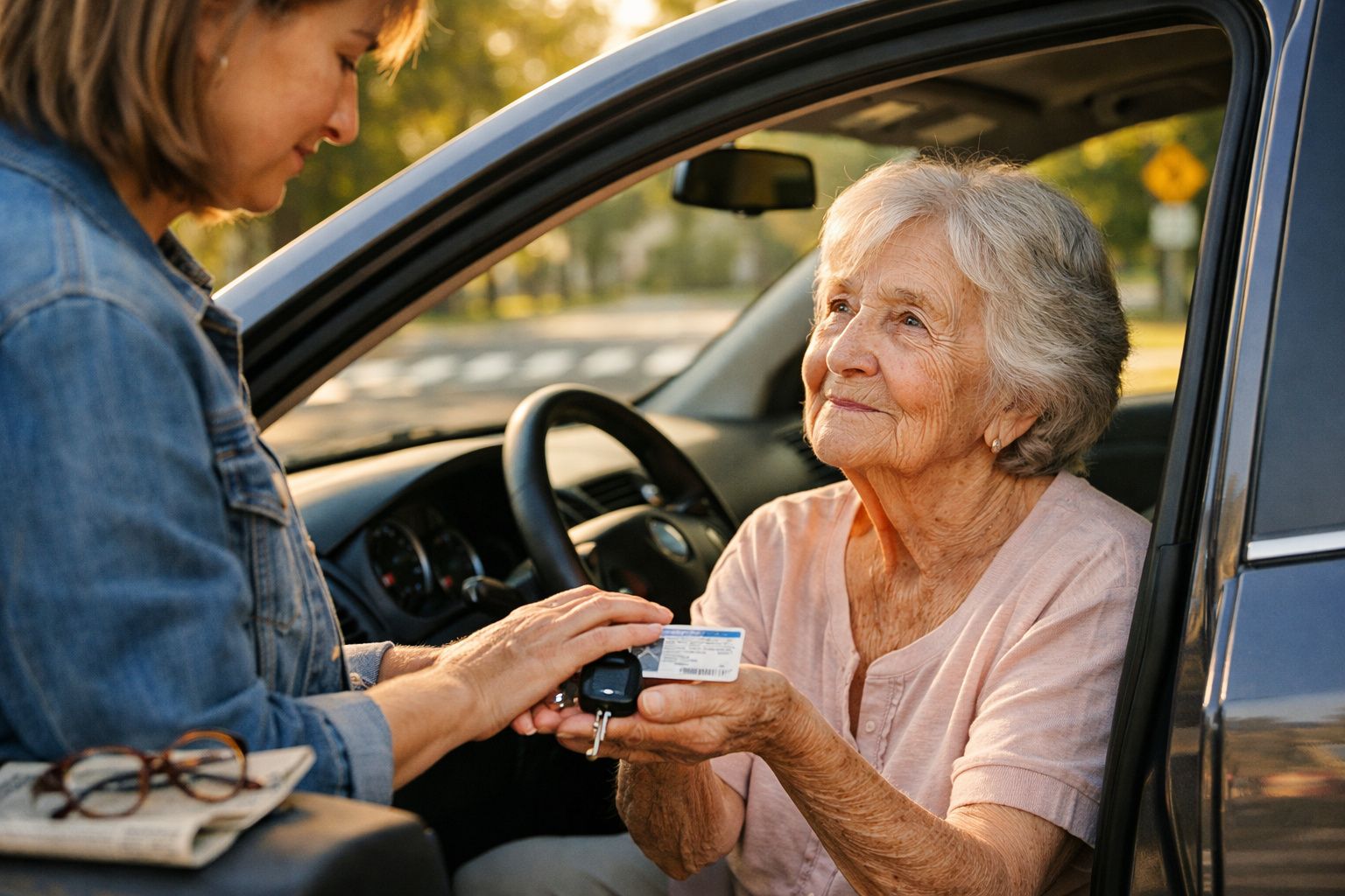 Idosa num carro entrega carta de condução e chave a mulher nova junto à janela do automóvel.