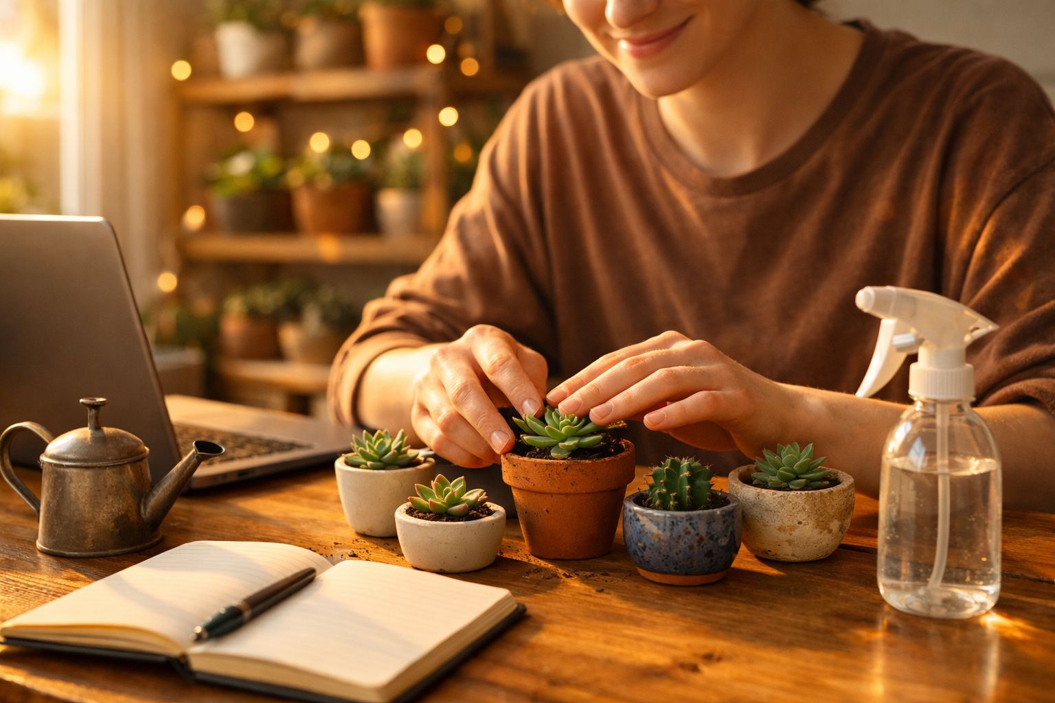 Pessoa a cuidar de suculentas pequenas em vaso de barro, com laptop, regador e caderno numa mesa de madeira.