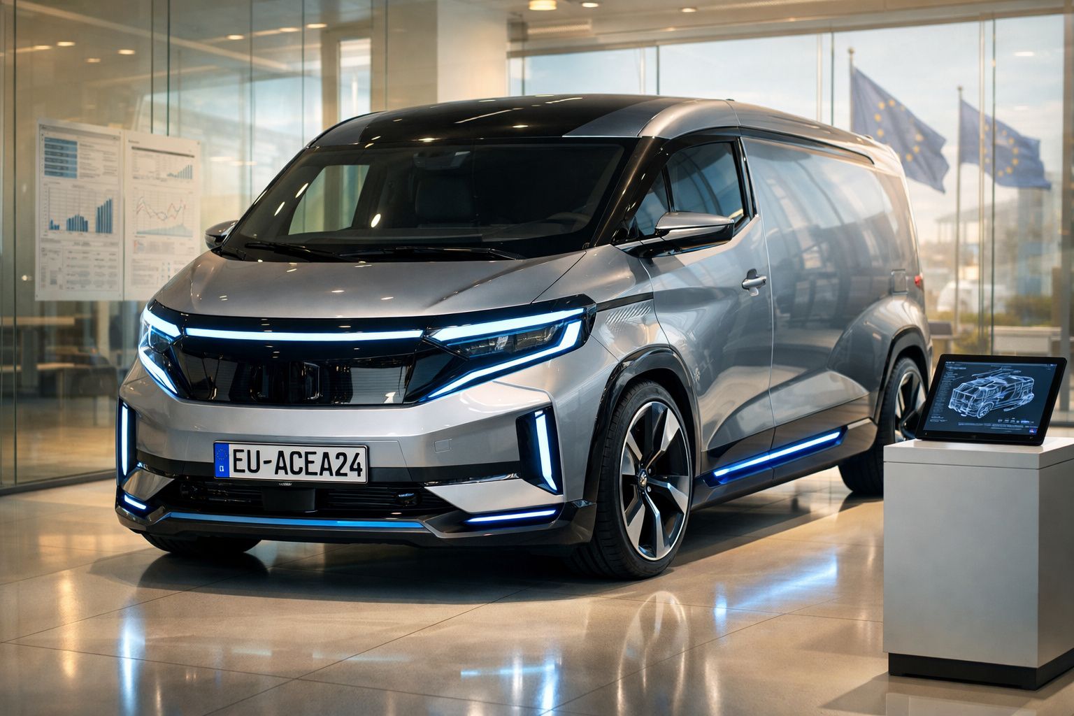 Veículo elétrico cinzento moderno em exposição interior com ecrã digital ao lado.