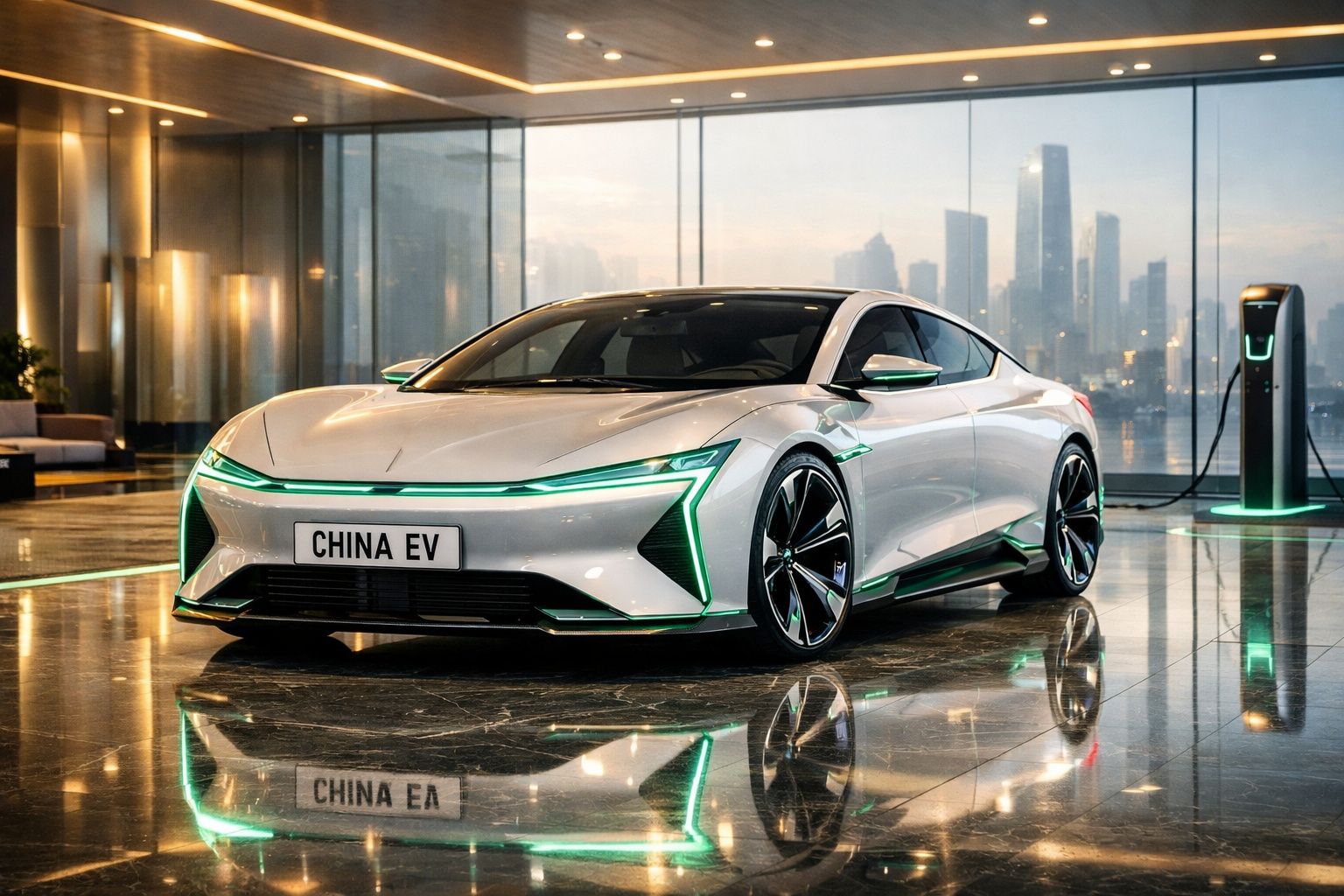 Carro elétrico branco moderno carregando numa estação de carregamento num ambiente urbano sofisticado.