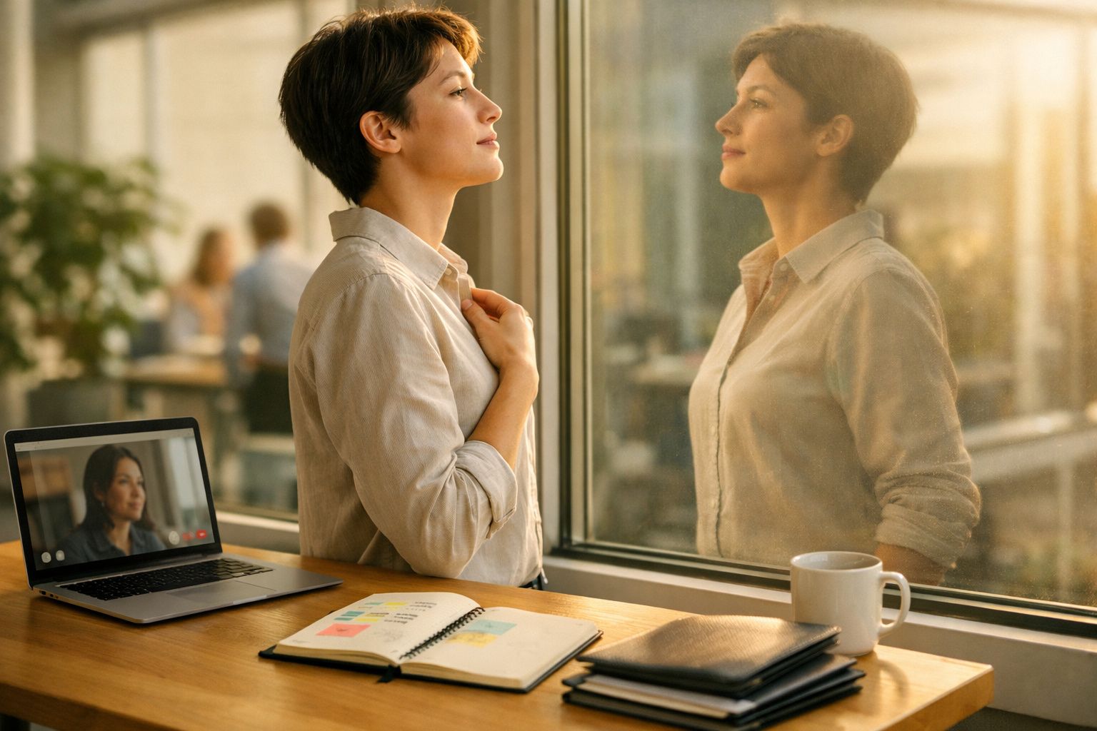 Mulher contempla a vista pela janela num escritório com computador, caderno e caneca na secretária.