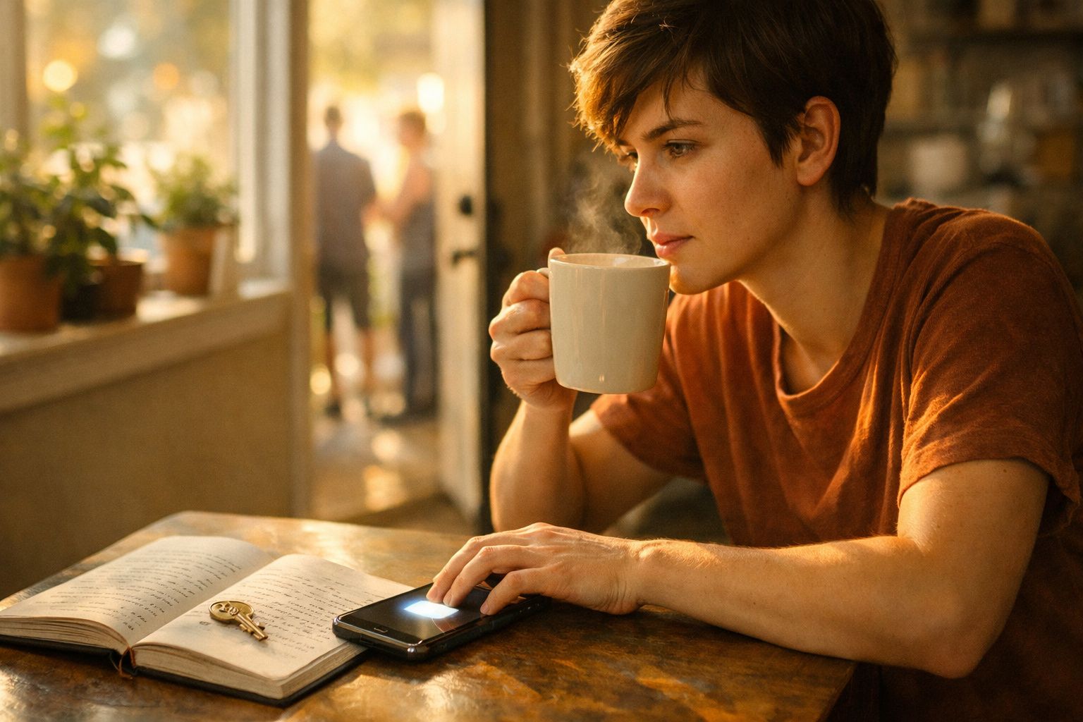 Pessoa jovem a beber café enquanto interage com o telemóvel numa mesa com um caderno aberto e uma chave.
