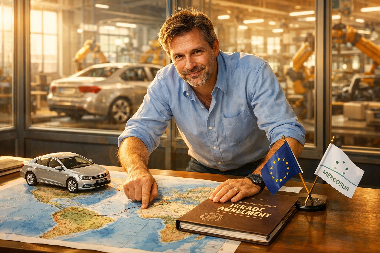 Homem aponta para mapa sobre mesa com carro em miniatura, livro de acordo comercial, e bandeiras da UE e Mercosul.