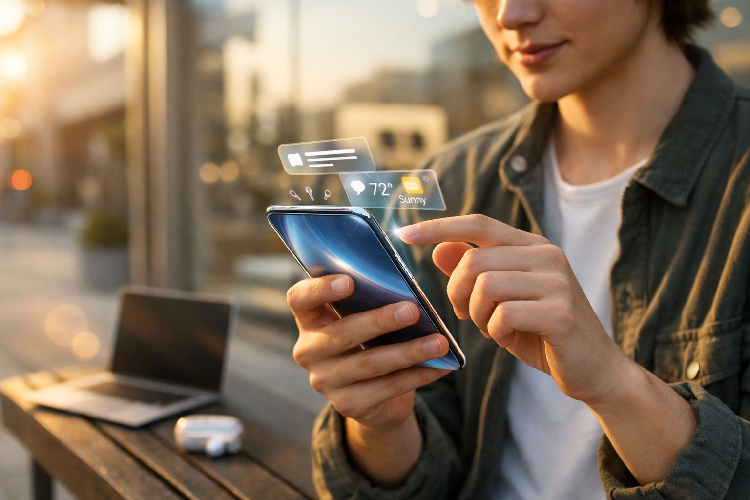 Pessoa a usar smartphone com ícones digitais de mensagens e meteorologia numa esplanada.