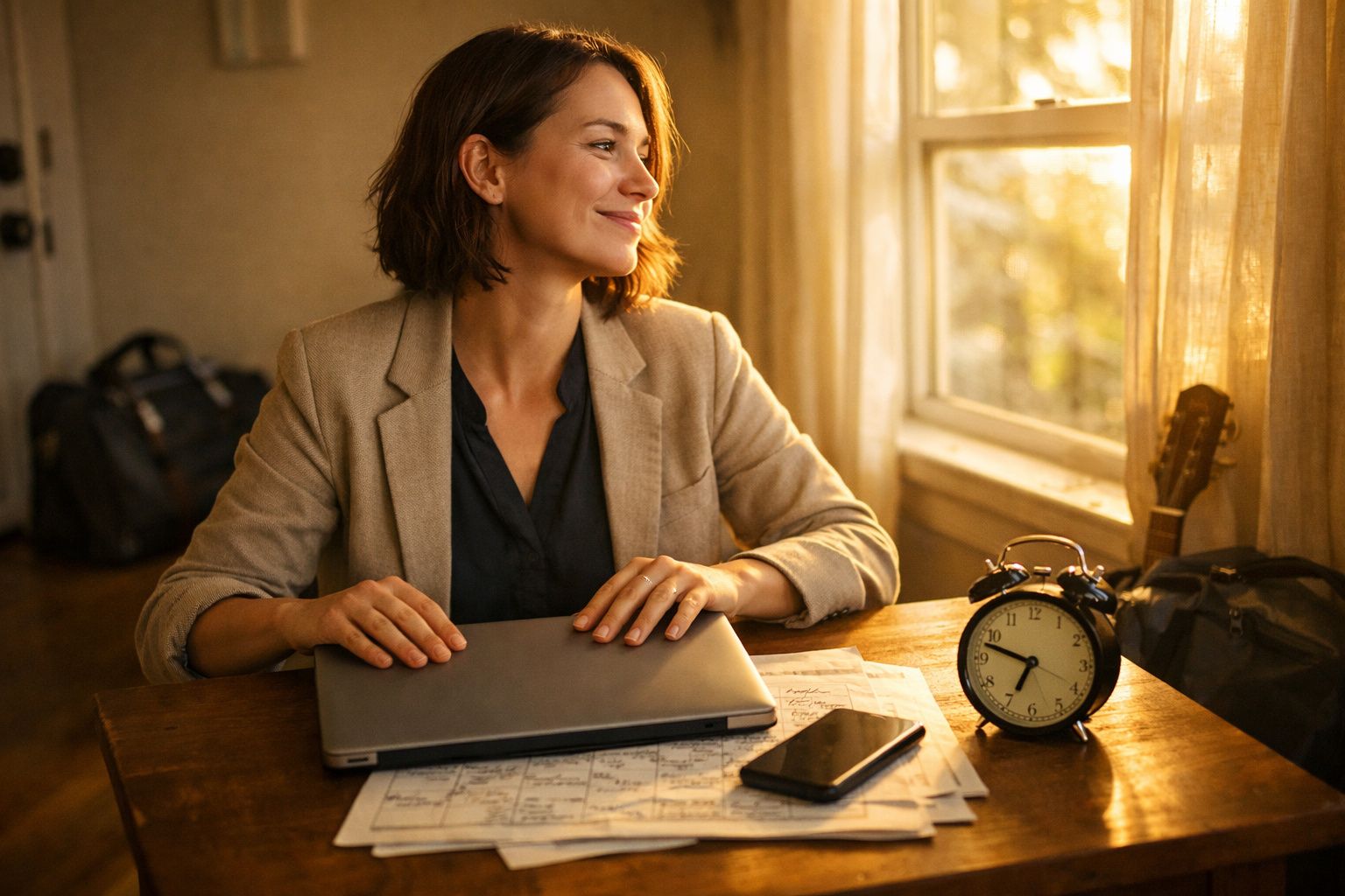 Mulher sorridente sentada à mesa com portátil fechado, telemóvel, despertador e luz natural a entrar pela janela.