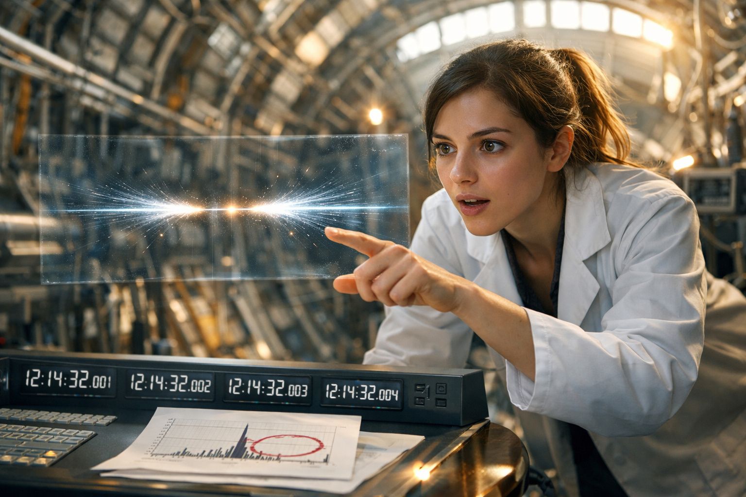 Cientista mulher em laboratório a interagir com holograma de partículas brilhantes em ecrã futurista.