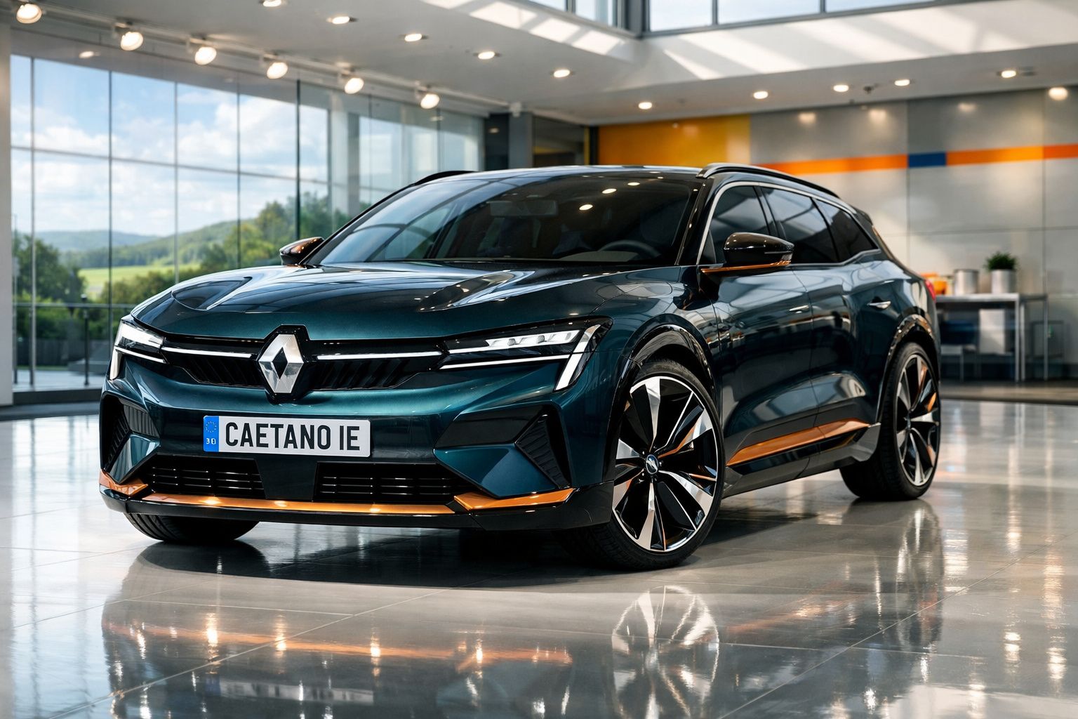 Automóvel elétrico Renault Caetano IE verde metalizado em showroom moderno com grandes janelas.