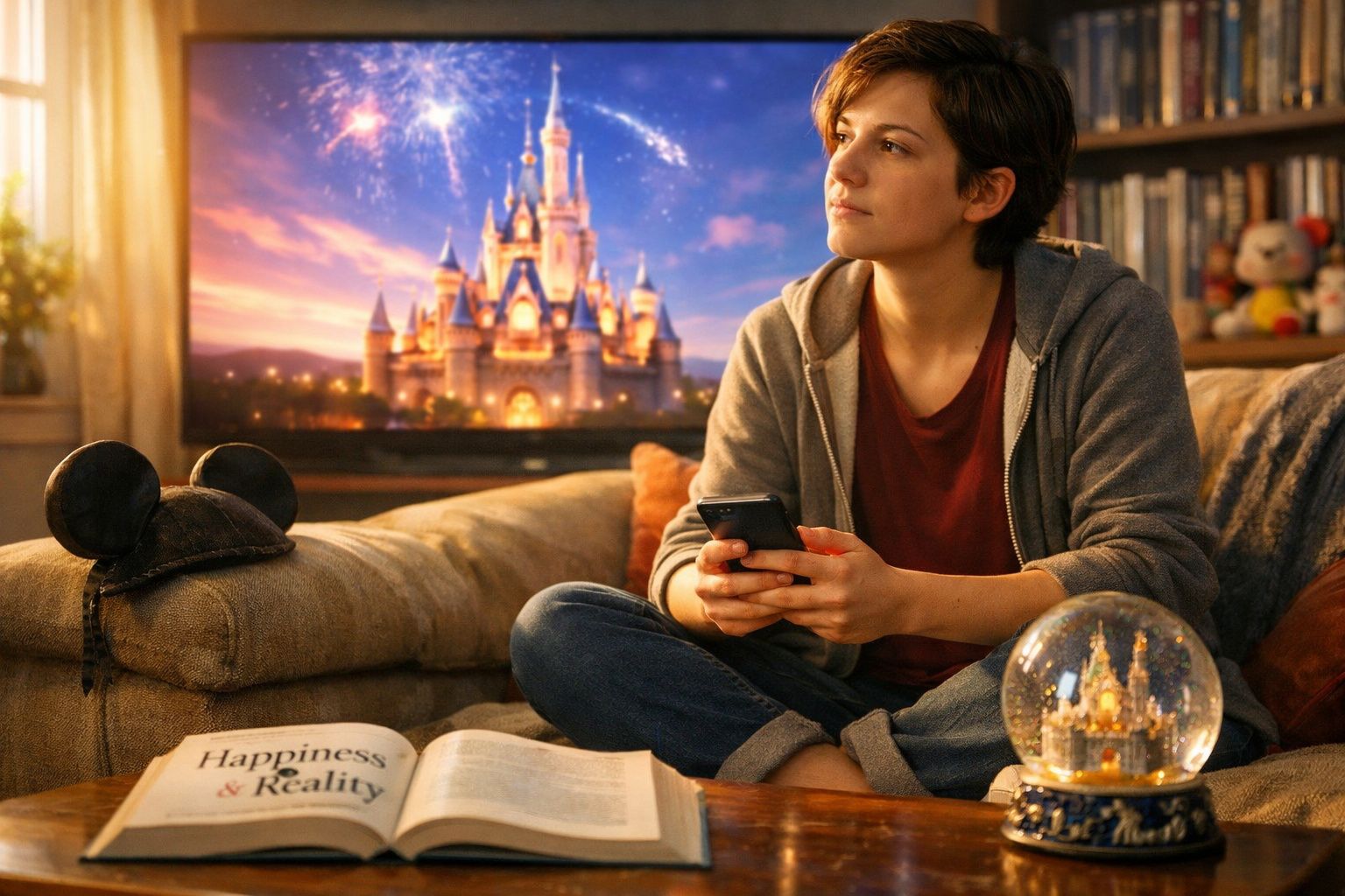 Pessoa sentada no sofá com telemóvel, chapéu de orelhas de rato, livros e globo de neve do castelo da Disney.