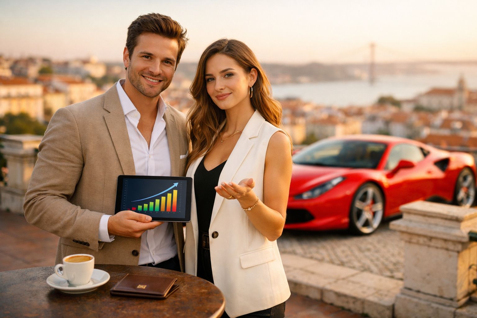 Casal sorridente mostra gráfico de crescimento num tablet, com carro desportivo vermelho ao fundo na cidade.