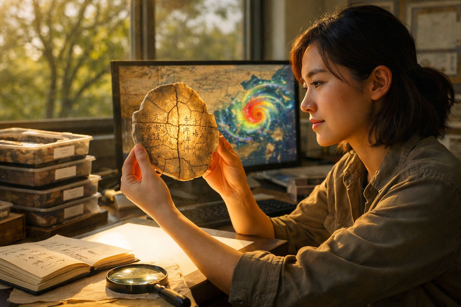 Mulher analisa fóssil com inscrições antigas em ambiente de estudo com computador e material arqueológico.