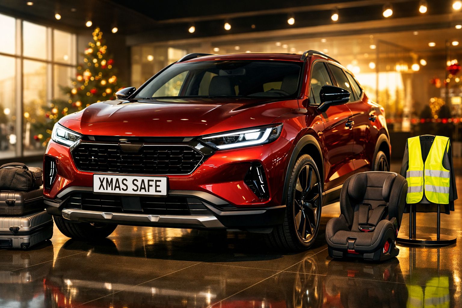 Carro SUV vermelho com matrícula "XMAS SAFE" em showroom decorado com árvore de Natal e itens de segurança.
