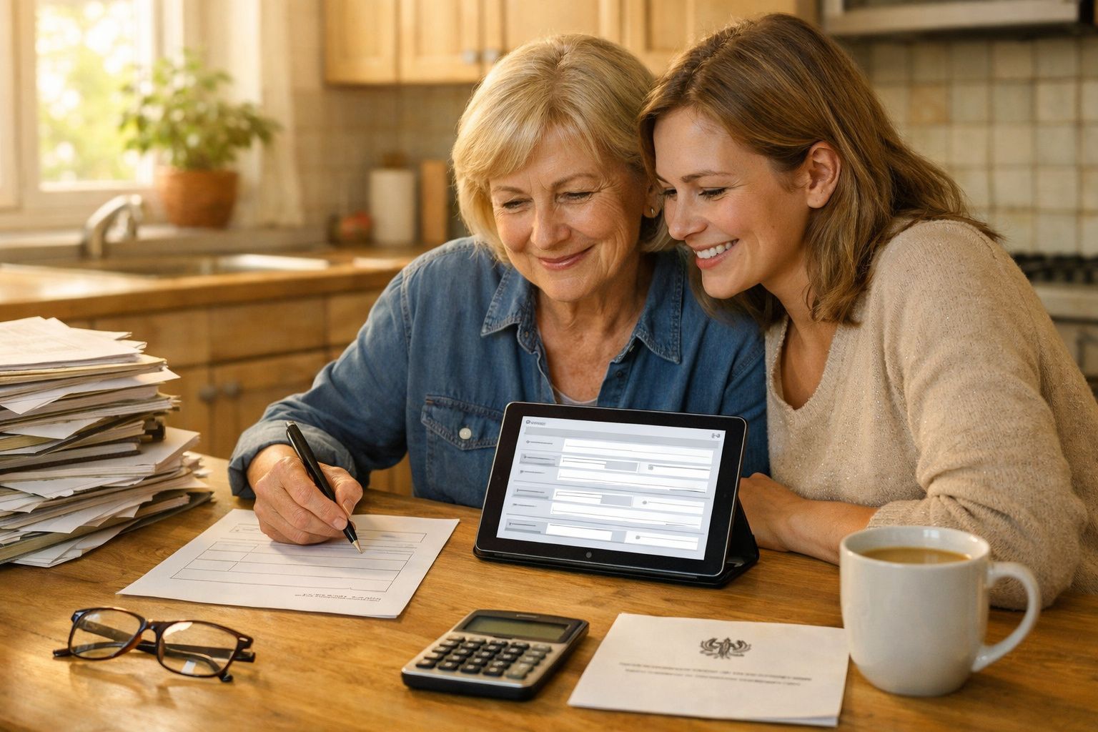Duas mulheres sentadas numa cozinha com documentos, tablet, calculadora e caneca, a preencher formulário.
