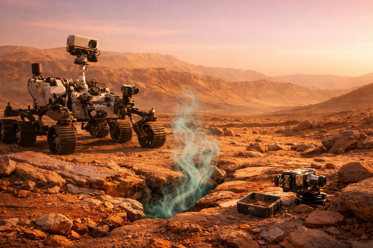 Rover exploratório num terreno árido e rochoso em Marte com fumo saindo de uma fissura no solo.