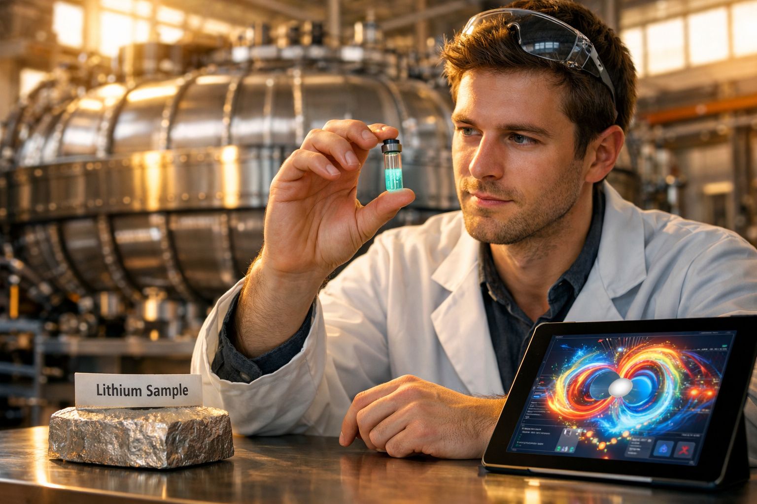 Homem vestido com bata branca segura amostra de lítio azul num laboratório com equipamento científico ao fundo.