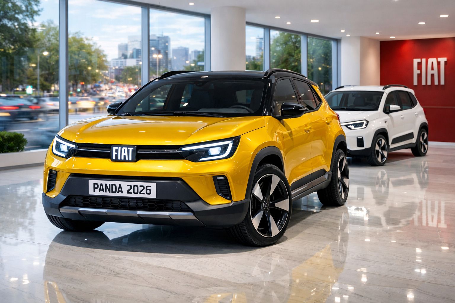 Carro Fiat Panda 2026 amarelo e branco expostos num showroom moderno com grandes janelas e o logo FIAT na parede vermelha.