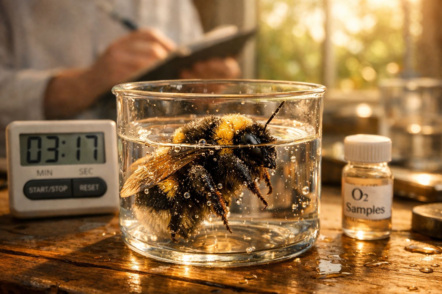 Abelha submersa em copo de vidro com bolhas, temporizador digital e frasco de amostras de oxigénio.