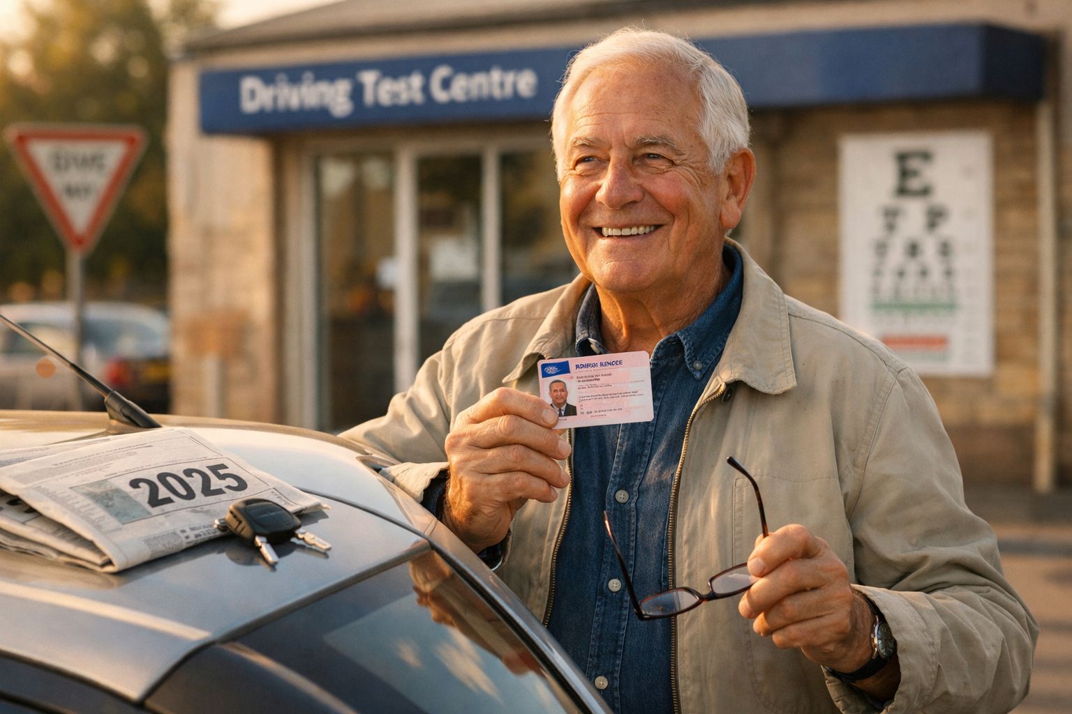 Homem sorridente a segurar carta de condução junto a um carro num centro de exames de condução.