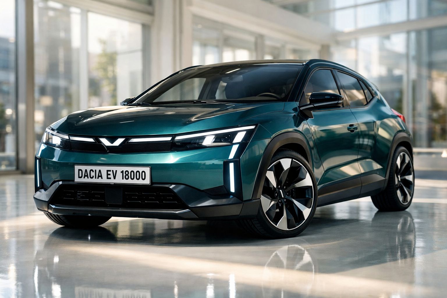 Carro elétrico Dacia EV verde escuro estacionado num espaço interior moderno e luminoso.