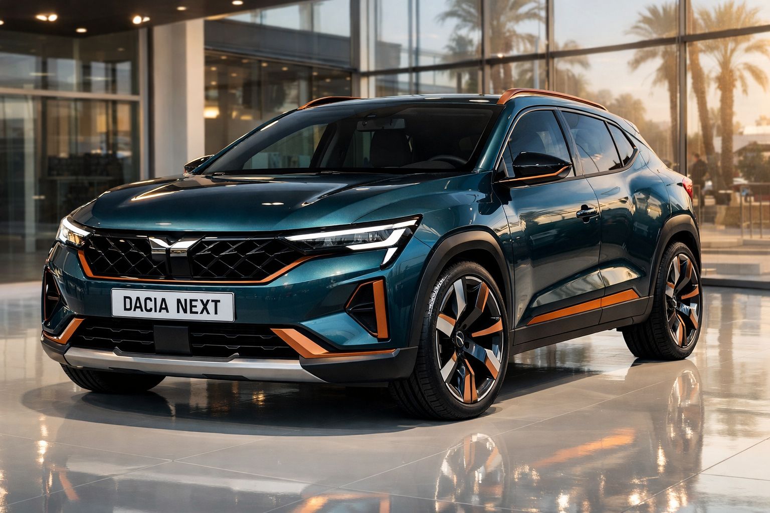 SUV Dacia Next verde com detalhes laranja exposto em showroom moderno com chão refletor.