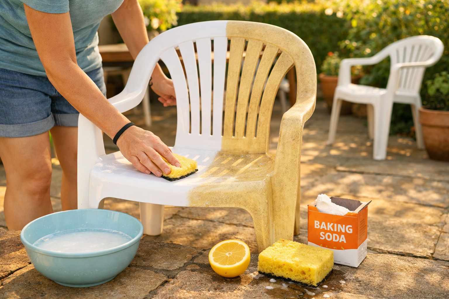 Pessoa a limpar cadeira de plástico branca suja com esponja, limão, bicarbonato e água num espaço exterior.