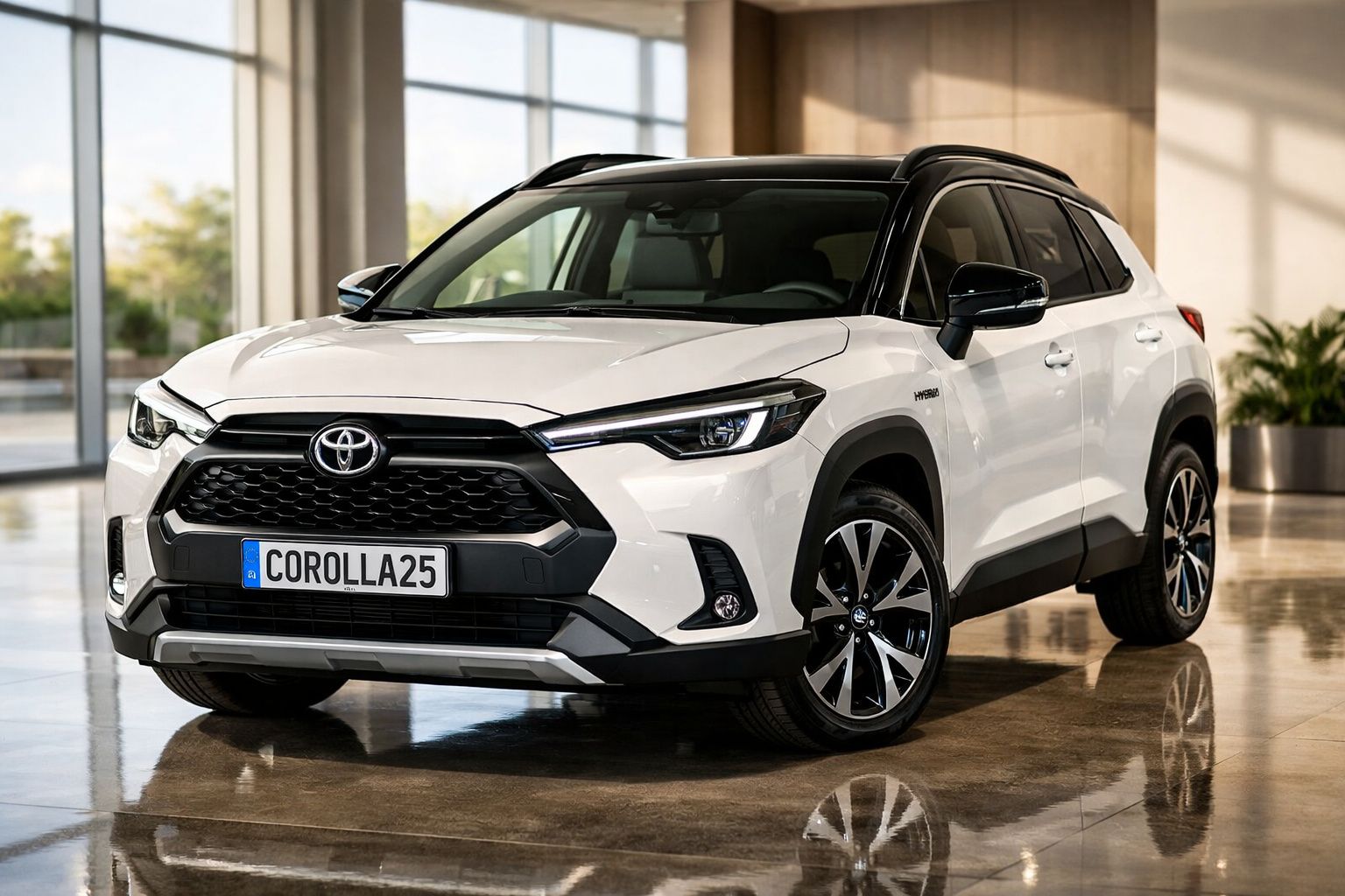 SUV híbrido Toyota Corolla branco estacionado em interior moderno com luz natural.