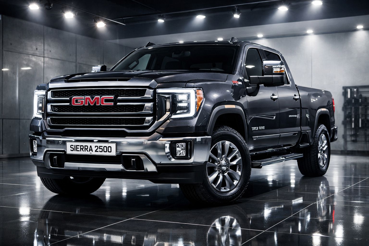 Pick-up GMC Sierra 2500 preta, moderna e robusta, estacionada num espaço interior iluminado.