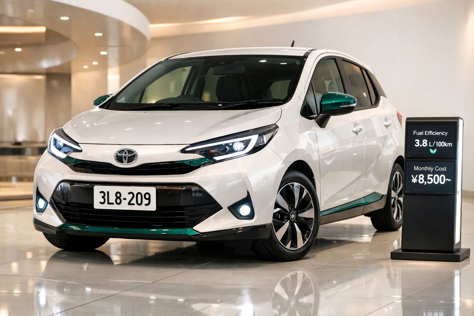 Carro branco Toyota estacionado interiormente ao lado de placa com informações de eficiência e custo mensal.