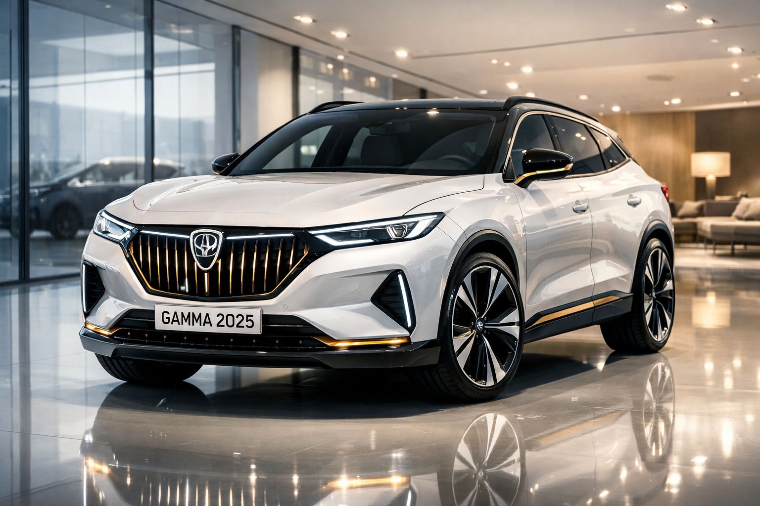 Carro branco elétrico Gamma 2025 em showroom moderno com jantes largas e detalhes em preto e dourado.