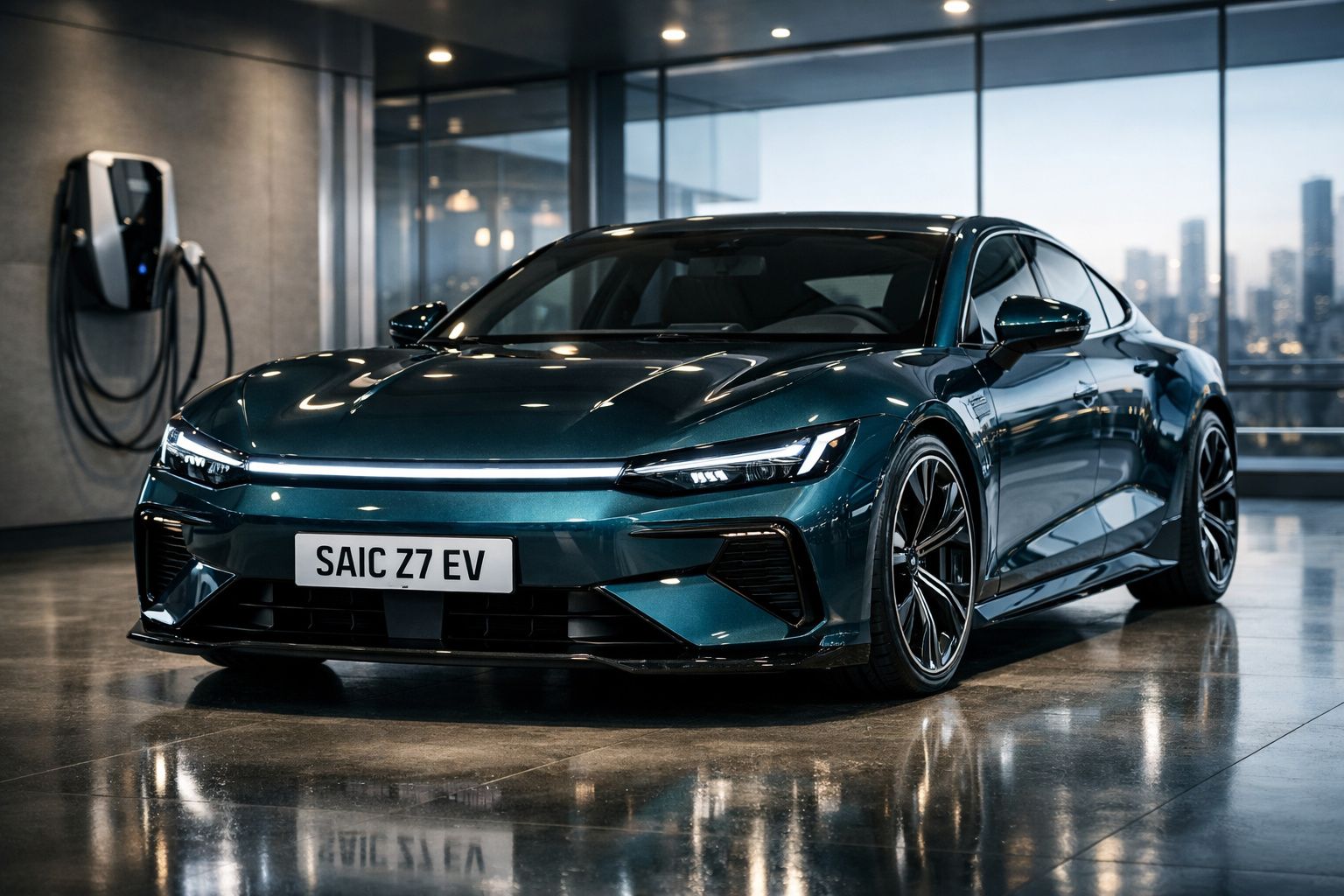 Carro elétrico desportivo verde escuro estacionado em garagem moderna com carregador elétrico na parede.