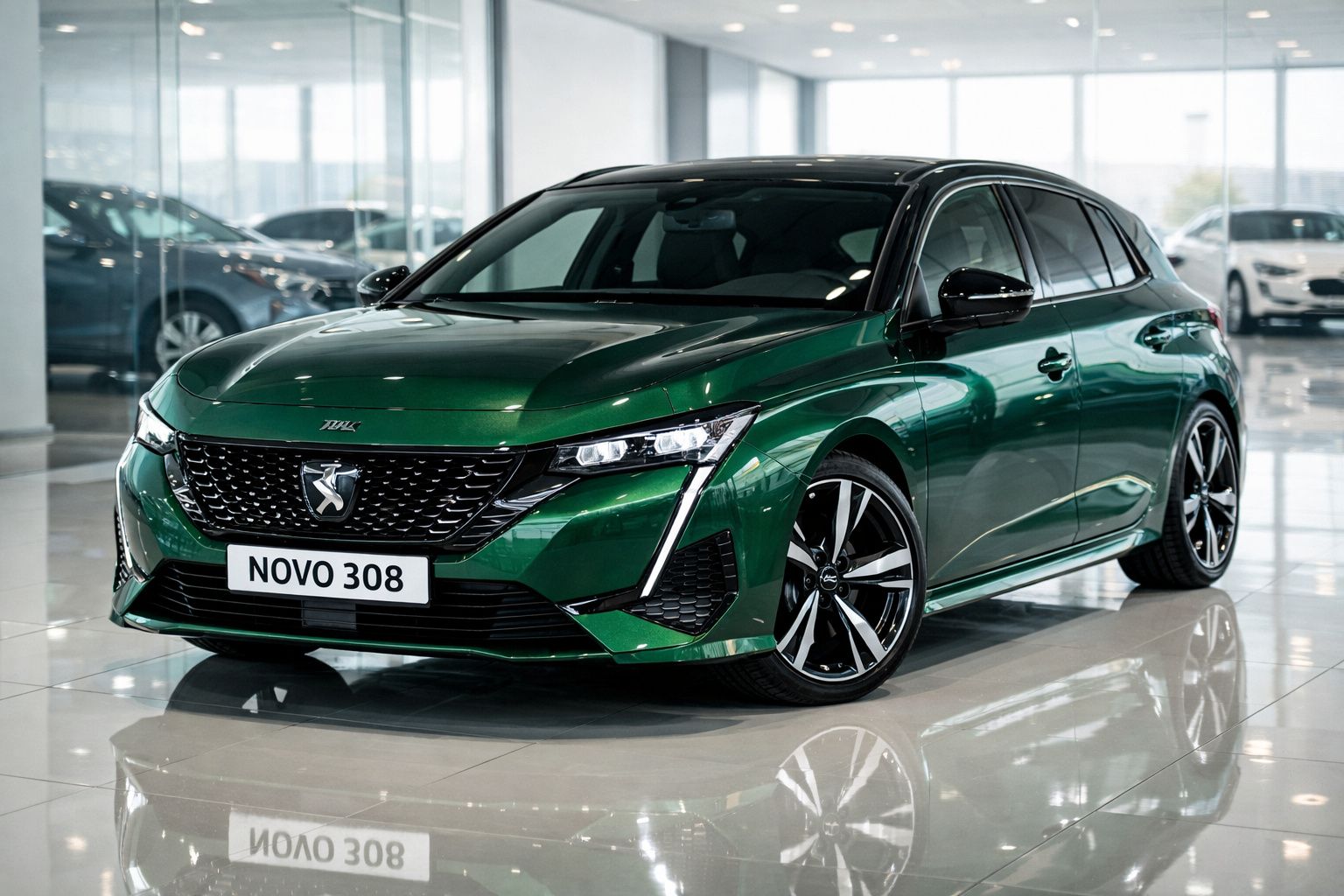 Peugeot Novo 308 verde metálico estacionado em sala de exposição com chão espelhado.