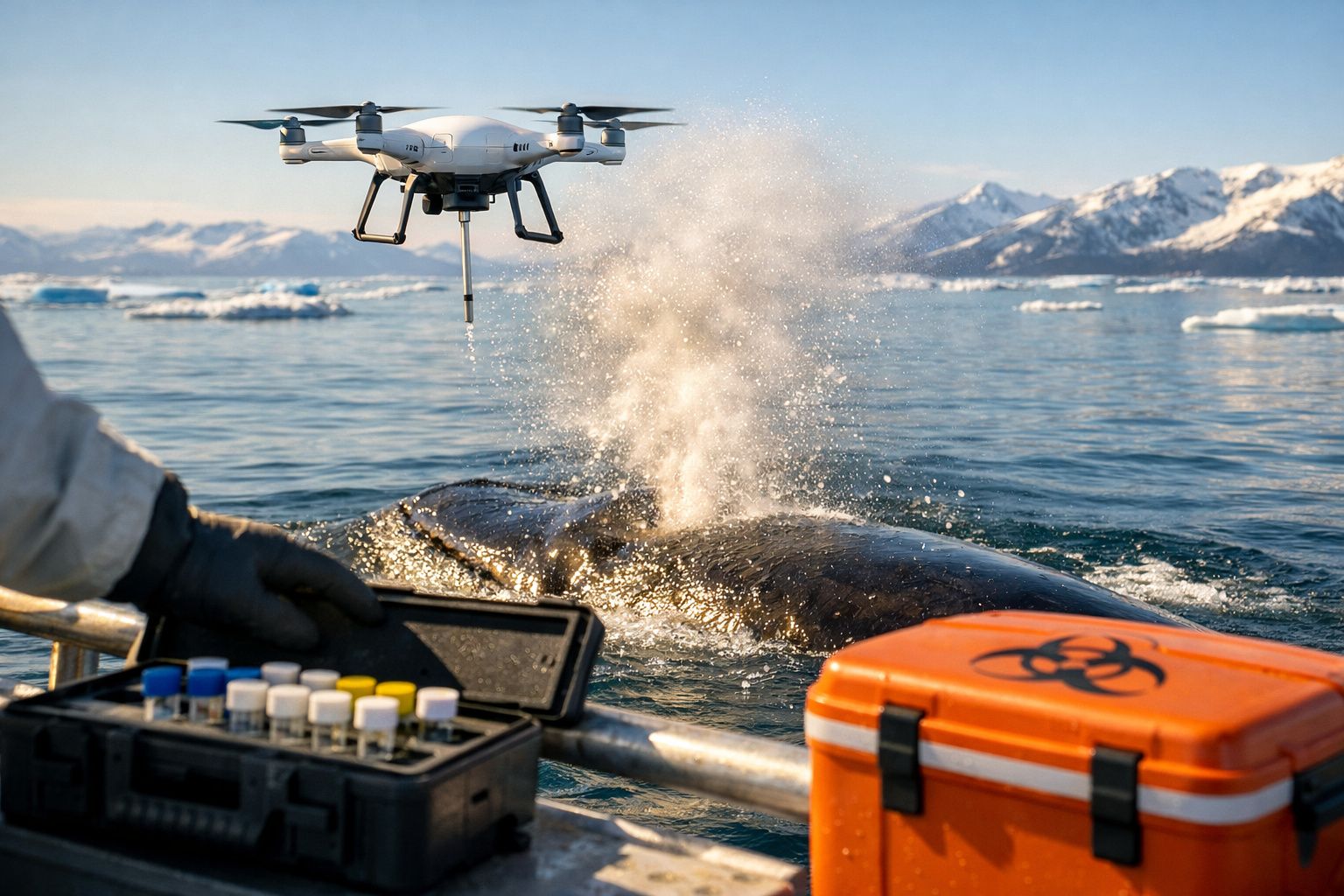 Drone a recolher amostra do ar perto de baleia a expelir água, com navio, caixas e montanhas ao fundo.